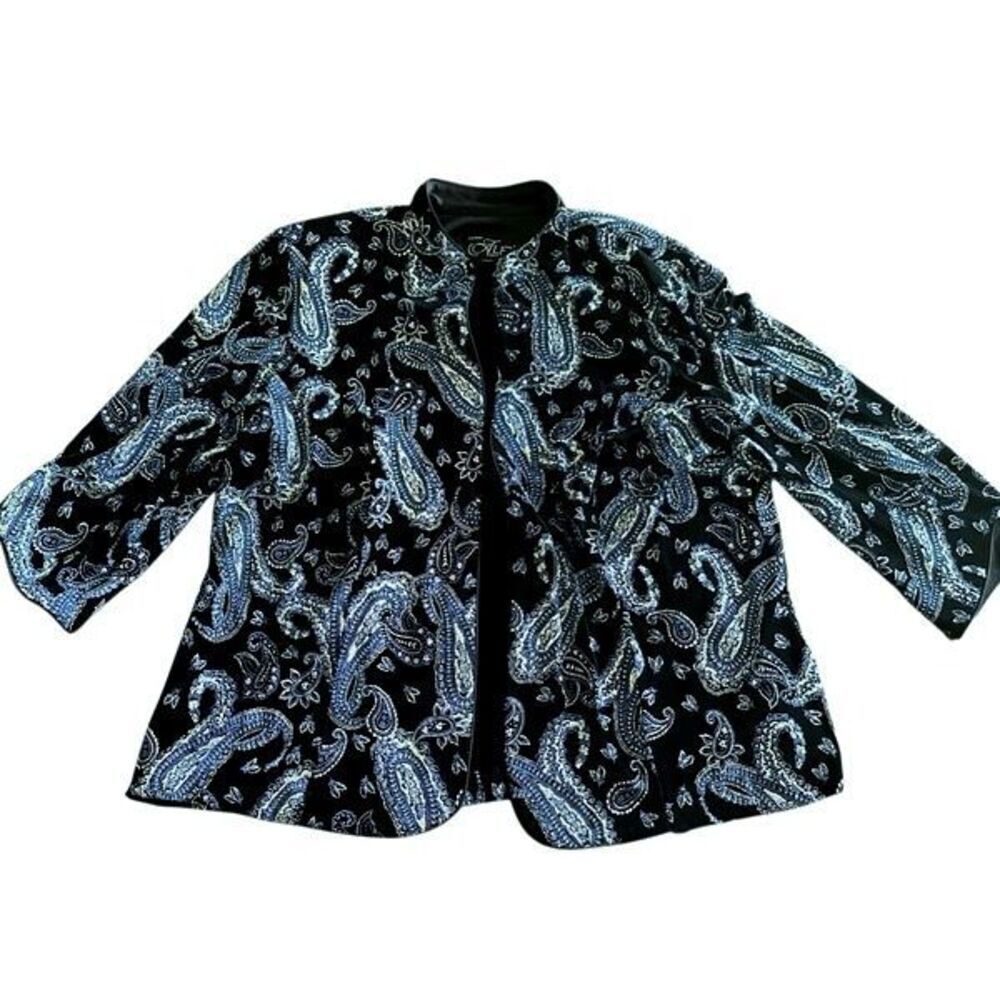 Alex Evenings black silver blue 2X open 3/4 sleeve jacket cardigan slinky glitte